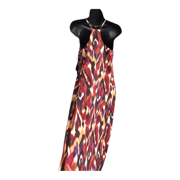 Nicole Miller brown gold ikat style v-neck satin effect maxi dress size small - Picture 13 of 13